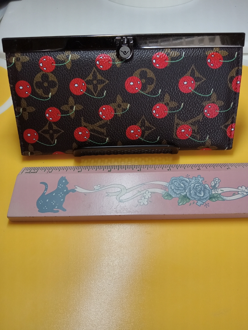 Designer-Inspired Cherry Print Wallet Clutch in Brown and Red
